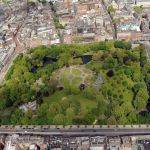 Aerial View of St. Stephen's Green, showing its landscaped gardens, lakes, foliage, bushes and trees.